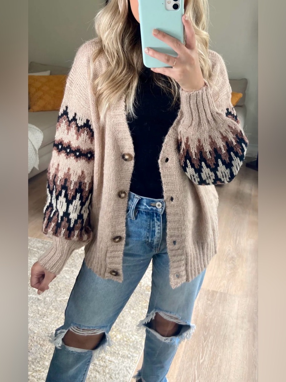 THE NINES Beige Fair Isle Button-Up Women's Cardigan Sweater